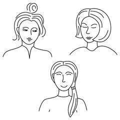 Set of sketches and doodles with women faces with short hair. Can be used for design, avatars, icons, stickers, blog illustrations, textiles, packaging, wrapping paper.