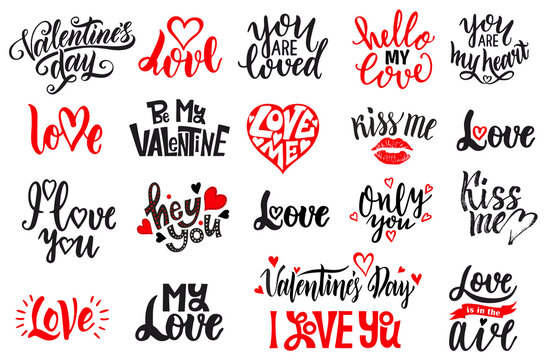 Romantic lettering set. Black and white hand written lettering about love to valentines day design poster, greeting card, photo album, banner, calligraphy vector. Romantic lettering set.