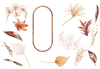 Bohemia Orchids and dry palm leaves, graceful plants, frames, bouquets. Wedding set luxury tropical and copper