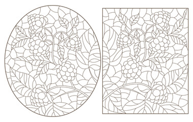 Set of contour illustrations of stained glass windows with branches with berries and leaves, dark outlines on a white background