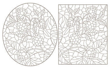Fototapeta premium Set of contour illustrations of stained glass windows with branches with berries and leaves, dark outlines on a white background