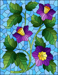 Illustration in stained glass style with purple flowers on a blue sky background, rectangular image