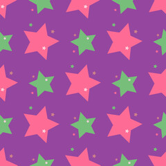 Seamless pattern of pink and green stars on a lilac background