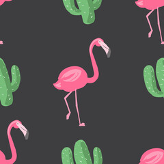 Fototapeta premium Seamless pattern with pink flamingos and green cacti on a gray background