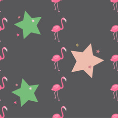 Seamless pattern with pink flamingos and stars on a gray background