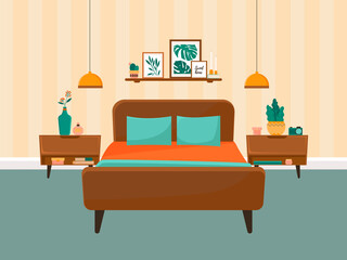 Illustration of a bedroom. Bed and bedside tables, decor from home plants, posters and candles. Flat design illustration © Maria