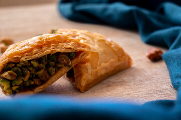 Arabic sweets named baklava filled with pistachio