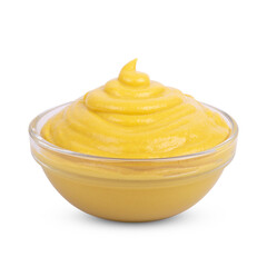 Mustard tasty sauce in bowl isolated on white background.