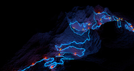 Overview of a winding hiking trail through the mountains with waypoints - 3d illustration