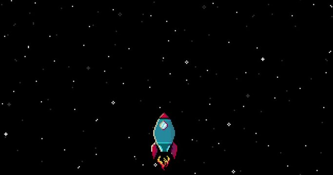 Video Game Animation Concept. Spaceship in open space. Cartoon Motion Design Loop. Retro Space Arcade. Pixel art 8 bit. 