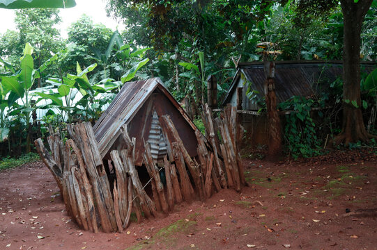 Jarai (Gia Rai) ethnic group.  Graves, tombs looking like local houses.  Kon Tum. Vietnam. 11.08.2017