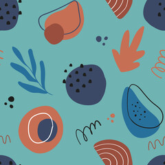 Abstract seamless pattern in trendy style with botanical and geometric elements, textures. Trendy bright colors. Vector illustration.