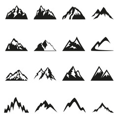 Set of mountain silhouettes icons, logo design, isolated on white background, flat style. Vector