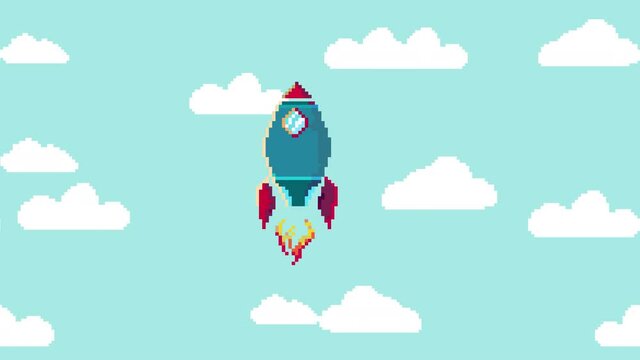 Rocket launcher flying in sky. Looped animation, spaceship. Pixel art 8 bit Cartoon motion design.