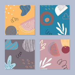 Abstract backgrounds set in trendy style with botanical and geometric elements, textures. Natural earthy colors. . Vector illustration.
