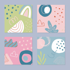 Abstract backgrounds set in trendy style with botanical and geometric elements, textures. Natural earthy colors. . Vector illustration.