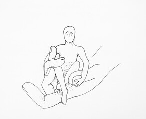 sketch of a little man sitting on the palm