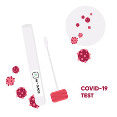 Vector poster with Covid-19 test saliva tube to check for Coronavirus and virus cells on background and inscription COVID-19 TEST. Website, landing page template. Medicine and health concept.