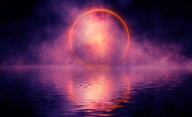 Futuristic abstract empty scene with smoke and neon circle, reflection in water, neon light. Night view. 3D illustration. 