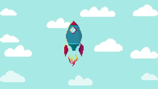 Rocket launcher flying in sky. Looped animation, spaceship. Pixel art 8 bit Cartoon motion design.