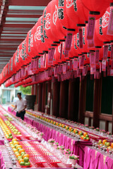 Buddha Tooth Relic Temple in Chinatown. Ullambana ceremony. Food is offered to the ancestors during the annual Ghost Festival. 25.02.2017