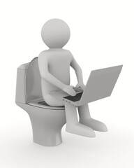 man with laptop and toilet bowl on white background. Isolated 3D illustration