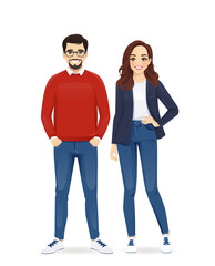 Fototapeta premium Business team. Casual business man and woman standing isolated vector illustration