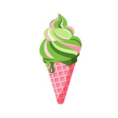 Colorful Soft Serve Ice Cream in Waffle Cone Isolated on White Background. Pistachio Strawberry Apple and Mint Striped Ice Creams in Waffles. Vector illustration in flat style.