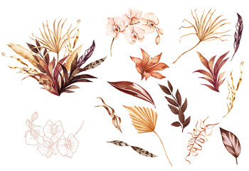 Bohemia Orchids and dry palm leaves, graceful plants, frames, bouquets. Wedding set luxury tropical and copper