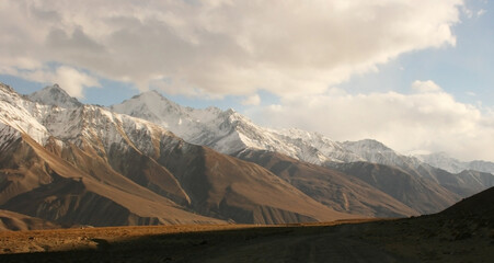 Evening view of hindukush or hindu kush mountain ridge, Tahikistan and afghanistan, view from Pamir highway or pamirskij trakt