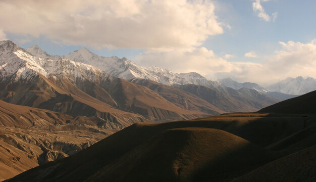Evening view of hindukush or hindu kush mountain ridge, Tahikistan and afghanistan, view from Pamir highway or pamirskij trakt
