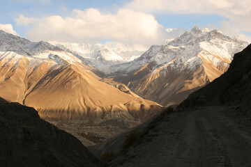 Evening view of hindukush or hindu kush mountain ridge, Tahikistan and afghanistan, view from Pamir highway or pamirskij trakt