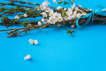 Text Palm Sunday. bouquet of willow and cherry branches. symbol of Christianity religion, faith in God. Orthodox palm Sunday background