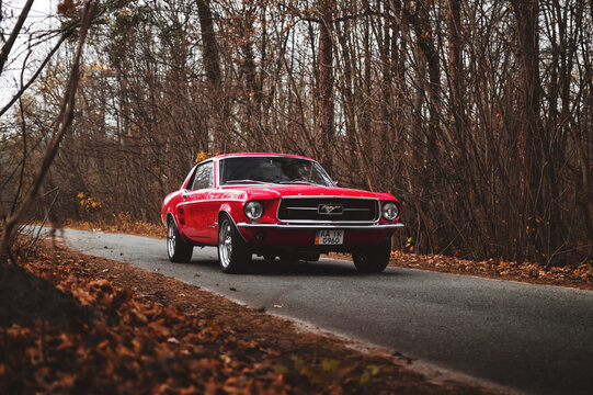 Kyiv, Ukraine - November 2019. Classic retro american muscle car Ford Mustang 1967 in a red color in the autumn forest.
