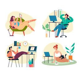 People workers students working, studing and relaxing in comfortable conditions in home interiors set. Vector flat graphic design illustration
