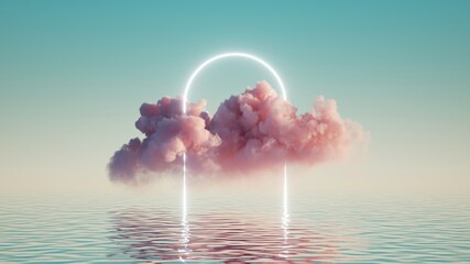 3d render, abstract background with pink cloud levitating inside bright glowing neon arch, with reflection in the water. Minimal futuristic seascape