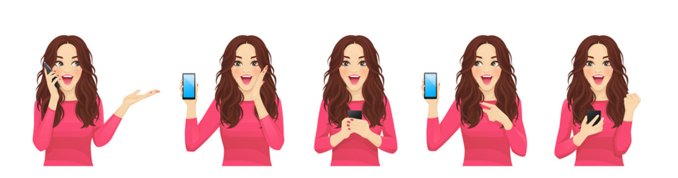 Surprised Shocked Beatiful Woman With Phone Set Isolated Vector Illustration