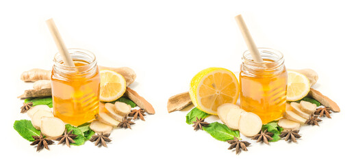 Set of Glass jar of honey with ginger, mint and lemon isolated on a white background