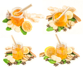 Set of Glass jar of honey with ginger, mint and lemon isolated on a white background
