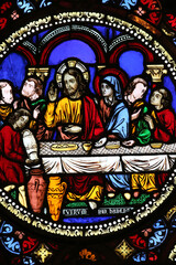 Fototapeta premium Saint-Martin d'Ainay Basilica. Stained glass window. The transformation of water into wine at the Marriage at Cana. 22.03.2018