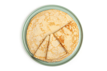 Pancake on the green plate on white background