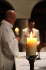 Our Lady Full of Grace of the Plateau d'Assy. Catholic priest. Wedding ceremony. France. 22.03.2018
