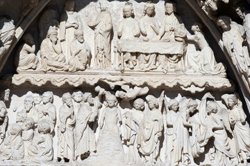 Auxerre cathedral dedicated to Saint Stephan.  West front. Tympanum.  Life of Jesus.  France.  22.03.2018