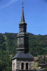 French Alps. Saint-Gervais-les-Bains church.  Bell tower.  22.03.2018