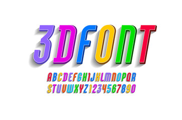 3D Font italic, trendy bright alphabet, modern condensed letters and numbers for your design, vector illustration.