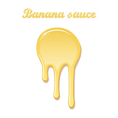 Banana sauce drip jam 3D. Sweet milk cream, splash drops isolated white background. Tropical fruit candy splashing. Realistic syrup design Jelly drop dessert. Berry sauce dripping Vector illustration
