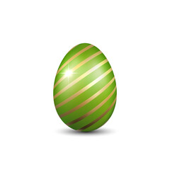Easter egg 3D icon. Green gold egg, isolated white background. Bright realistic design, decoration for Happy Easter celebration. Holiday element. Shiny pattern. Spring symbol. Vector illustration