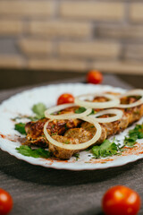 lula kebab on a plate with onions