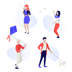 Playful spring activity. Group of people outdoors in spring. Walking with dog. Play with fly kite and airplanes. Blowing soap bubbles. Human characters on white background. Color vector illustration