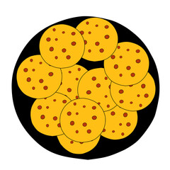 Hand-drawn outline flat vector illustration of a group of hot yellow pancakes on the black pan isolated on a white background for breakfast